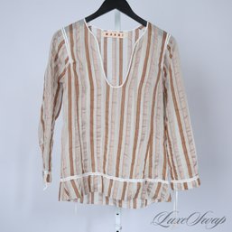 ABSOLUTELY STUNNING AND EXPENSIVE MARNI MADE IN ITALY ECRU SHEER VOILE BROWN STRIPED PLUNGING NECK TUNIC 44