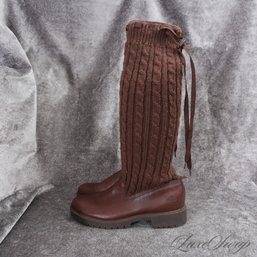HOW COOL ARE THESE?! TIMBERLAND CHOCOLATE BROWN CABLEKNIT 'SWEATER' TOP BOOTS WOMENS 9