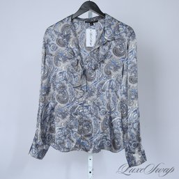 THIS IS SO SOFT YOU GUYS! LAFAYETTE 148 NEW YORK GLOSS SATIN PEARL GREY AND BLUE PAISLEY RUFFLED SHIRT 16