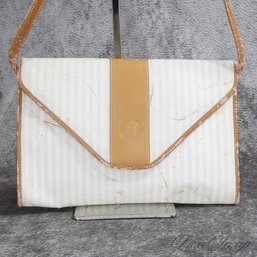 #22 VINTAGE 1980S AUTHENTIC FENDI WHITE 'PEQUIN' STRIPE VACHETTA TRIM ENVELOPE 11' CLUTCH BAG W/STRAP