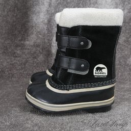 NEAR MINT POSSIBLY UNWORN SIGNATURE SOREL BLACK SUEDE AND RUBBER FAUX SHEARLING TOP WINTER BOOTS YOUTH 11
