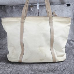 #23 VINTAGE BOTTEGA VENETA MADE IN ITALY SUMMER ECRU CANVAS AND TAUPE 'MARCO POLO' LEATHER LARGE 18' TOTE BAG