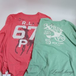 CHECK OUT THESE GRAPHICS! LOT OF 2 MENS POLO RALPH LAUREN CORAL / GREEN GRAPHIC BACK LONGSLEEVE TEE SHIRT M/L
