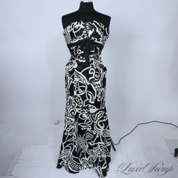 VERY HIGH IMPACT XSCAPE BLACK AND WHITE MAXI DAMASK FLORAL SATIN FLOOR LENGTH GOWN 10