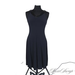 MEGA MEGA EXPENSIVE ARMANI COLLEZIONI MADE IN ITALY NAVY STRETCH JERSEY BLACK BEADED TRIM COCKTAIL DRESS 8