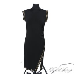 NEW YEARS READY! MICHAEL KORS BLACK UNLINED STRETCH JERSEY GOLD STUDDED DETAIL RUCHED SIDE TEA LENGTH DRESS L