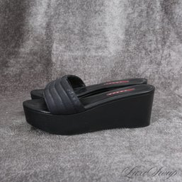 THE ONES EVERYONE WANTS! PRADA LINEA ROSSA ALL BLACK MICROFIBER QUILTED ONE STRAP PLATFORM SANDALS 39