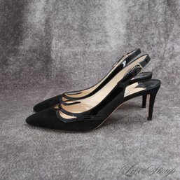 THE STAR OF THE SHOW! AUTHENTIC AND NEAR MINT JIMMY CHOO BLACK SUEDE AND PATENT LEATHER SLINGBACK SHOES 39.5