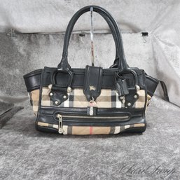 #28 AN EXCEPTIONAL AND HEAVYWEIGHT LARGE BURBERRY TARTAN NOVACHECK CANVAS & BLACK LEATHER 19' HANDBAG