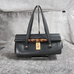 #29 INSANELY GOOD MINT CONDITION AUTHENTIC GUCCI 114993 BIG 13' BLACK GRAINED LEATHER BAMBOO LOCK BOSTON BAG