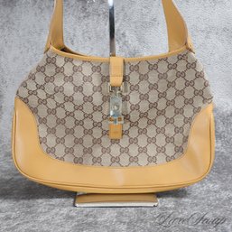 #33 A MOST COVETED NEAR MINT GUCCI MADE IN ITALY 0023306 'JACKIE' GG MONOGRAM CANVAS AND TAN LEATHER 12' BAG