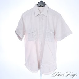 MENS FENDI MADE IN ITALY WHITE AND MOCHA DASHED WOVEN SHORT SLEEVE BUTTON DOWN SHIRT WITH MONOGRAM 16.5