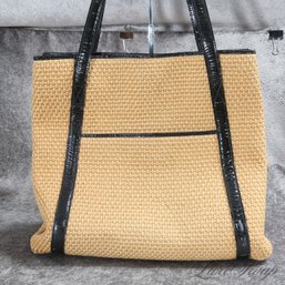 #37 SUMMER! BOTTEGA VENETA MADE IN ITALY NATURAL STRAW AND BLACK PATENT LEATHER X-LARGE 15' BAG