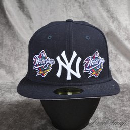 #12 NEAR MINT NEW ERA 5950 FITTED BASEBALL HAT CAP - NEW YORK YANKEES 1996-2000 WORLD SERIES PATCHES 7 3/4