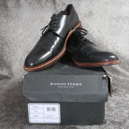 NEAR MINT IN BOX MENS ASTON GREY COLLECTION MODERN BLACK LEATHER GRAINED INSET DERBY SHOES 10.5