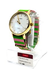 BRAND NEW IN BOX TIMEX 37MM GOLD FAIRFIELD ROUND WATCH WITH PINK GREEN STRAP