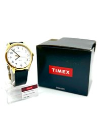 BRAND NEW IN BOX TIMEX MENS GOLD LARGE 40 MM EASY READER ROUND WATCH ON BLACK LEATHER STRAP