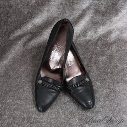 NEAR MINT SALVATORE FERRAGAMO MADE IN ITALY ALL BLACK GRAINED LEATHER CHAIN BRAIDED BIT PUMPS SHOES 11