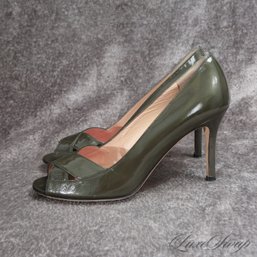 AWESOME COLOR! KATE SPADE NY MADE IN ITALY DARK GREENED GREY HIGH GLOSS LEATHER PEEPTOE SHOES 9