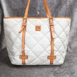 X-LARGE DOONEY AND BOURKE IVORY HOBNAIL DIAMOND QUILTED FABRIC AND TAN LEATHER TRIM 17' TOTE BAG