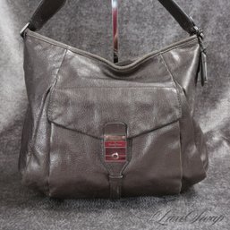 FANTASTIC COLOR! COLE HAAN METALLIC PEARLESCENT ANTHRACITE GREY PLEATED LEATHER SHOULDER BAG