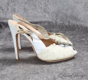 Giambattista Valli Made Italy White Ecru Genuine Ostrich Skin Peeptoe Shoes 38.5