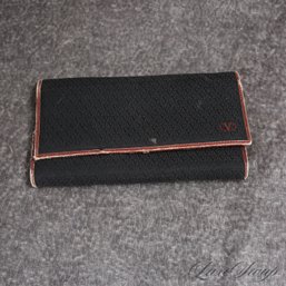 VINTAGE AND HUGE VALENTINO MADE IN ITALY BLACK MONOGRAM CANVAS JACQUARD AND BROWN LEATHER TRIM CLUTCH WALLET