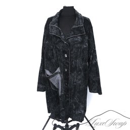 MODERN AND MYSTERIOUS OCTAVIA BLACK VELOUR VELVET FINISH GREY STREAKED UNLINED UNSTRUCTURED LONG COAT FITS XXL