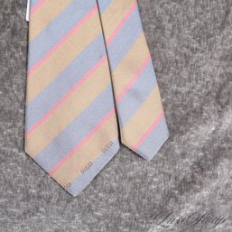 #1 MENS GUCCI MADE IN ITALY TOAST TAN BABY BLUE AND PINK REPP STRIPED SILK TIE