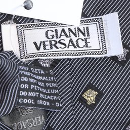 #3 GIANNI VERSACE MADE IN ITALY BLACK AND GREY PENCIL STRIPED ALLOVER MEDUSA IN DIAMOND SILK TIE