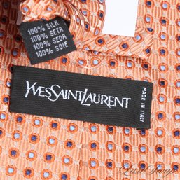 #6 YSL YVES SAINT LAURENT MADE IN ITALY WOVEN PEACH THICK SATIN BLUE BUBBLE SPOTTED MENS SILK TIE