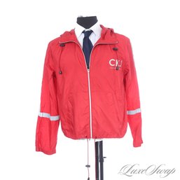Y2K CLUBBING FANTASTIC! NEO VINTAGE EARLY 2000S CALVIN KLEIN TOMATO RED AND REFLECTIVE SIDE STRIPE JACKET XL