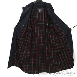 THE ONE EVERYONE WANTS! BURBERRY LONDON WOMENS NAVY BLUE TARTAN LINED BELTED TRENCH COAT W/ ZIPOUT LINER 6 XLG