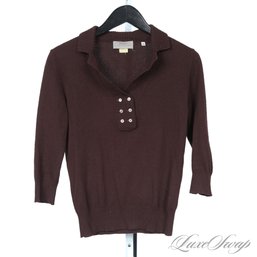BARNEYS NEW YORK MADE IN ITALY 100 PERCENT CASHMERE CHOCOLATE BROWN BUTTONED V NECK SWEATER S