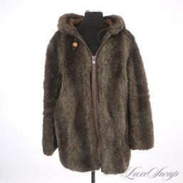 A PRETTY FANTASTIC VINTAGE 1970S CHEYENNE BY HILLMOOR BROWN MOTTLED FAUX FUR HOODED ZIP JACKET FITS ABOUT XL