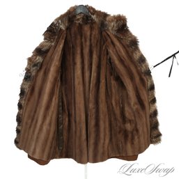 AN EXTRAORDINARY LAURETTE TOBACCO BROWN CASHMERE FEEL FLANNEL AND FULL SHEARED FUR REVERSIBLE COAT FITS L/XL