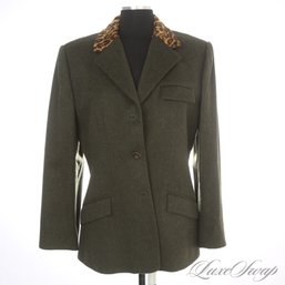 A WALK ON THE WILD SIDE! CARLISLE LODEN GREEN FLANNEL ALPACA BLEND FAUX FUR CHEETAH PRINT COLLAR JACKET 12