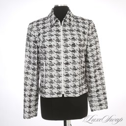 HIGH IMPACT ECCOCI WHITE / BLACK DASHED EXPLODED HOUNDSTOOTH CHANEL STYLE ZIP JACKET SPRING WEIGHT 12