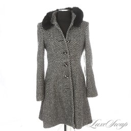 A SENSATIONAL ALICE AND OLIVIA B/W SPARKLE INFUSED FANTASY TWEED LONG COAT WITH REAL FUR COLLAR M