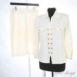 AN EXCEPTIONAL HALF BRAND NEW WITH TAGS ST. JOHN BRIGHT WHITE KNITTED 2 PIECE SKIRT SUIT W/CRYSTAL BUTTONS 10