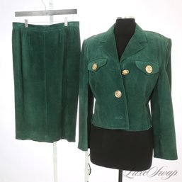 THIS IS REEEEALLLY GOOD! VINTAGE CARLISLE FOREST GREEN FULL SUEDE 2 PIECE SKIRT SUIT W/LARGE GOLD BUTTONS 12