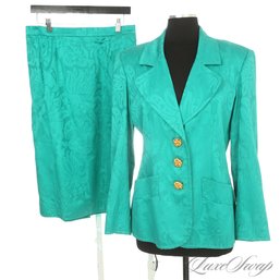 AN EXCEPTIONAL CARLISLE TEAL / JADE GREEN JACQUARD DAMASK FLORAL 2 PIECE SKIRT SUIT W/ GOLD BUTTONS 14