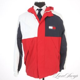 FANTASTIC CONDITION MENS TOMMY HILFIGER RED WHITE BLUE COLORBLOCK HOODED RAIN JACKET S