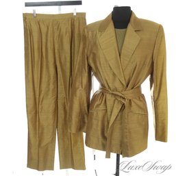 PURE SILK! A THREE PIECE ENSEMBLE OF CARLISLE PEA GREEN SILK SHANTUNG PANT SUIT WITH PURE SILK KNITTED TOP 12