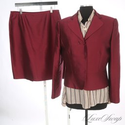 A BEAUTIFUL 3 PIECE ENSEMBLE OF A TAHARI CRANBERRY WINE SILK BLEND 2 PIECE SKIRT SUIT AND AUGUST SILK TOP 12