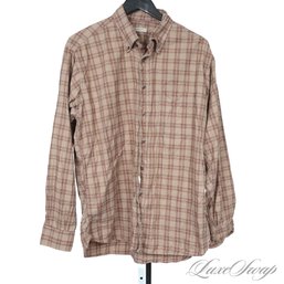 EXPENSIVE MENS BURBERRY LONDON MADE IN USA COFFEE BROWN AND RED CHECK TARTAN PLAID BUTTON DOWN SHIRT L