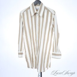 $400 PLUS MENS TOP TIER DOLCE & GABBANA MADE IN ITALY IVORY AND COFFEE BROWN BOLD STRIPE BUTTON DOWN SHIRT