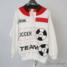 INSANELY RARE VINTAGE 1980S ADIDAS WHITE 'ADIDAS SOCCER TEAM' MAXI PRINT FLEECE LINED SWEATSHIRT FITS XL