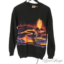 VINTAGE 1992 HABITAT BLACK 'HAWAII' VOLCANO AND LAVA PRINT MENS CREWNECK SWEATSHIRT M