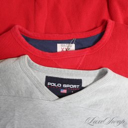 LOT OF 2 MENS POLO SPORT RALPH LAUREN CHERRY RED WAFFLED THERMAL AND RARE HEATHER GREY 'P67' TOPS L / XXL